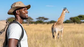 African man with backpack and giraffe in the background photo
