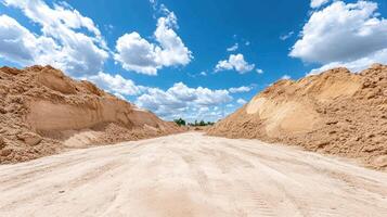 A dirt road with sand and clouds in the background photo