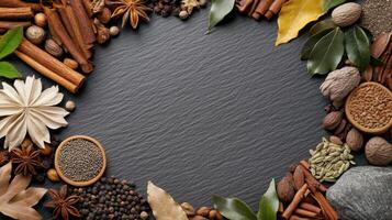 Spices and herbs on a black slate background photo