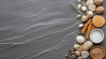 Various spices and herbs on a slate background photo