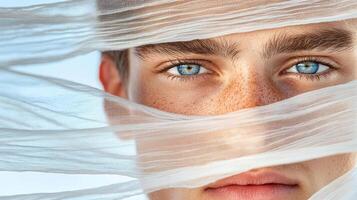 A man with blue eyes is looking through a sheet photo