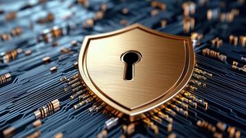 Security concept on a circuit board with a golden shield and keyhole photo
