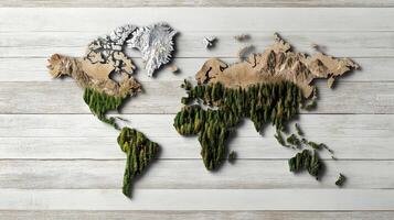 A world map made out of wood and paper photo