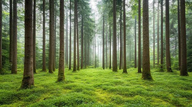 A green forest with tall trees and grass photo