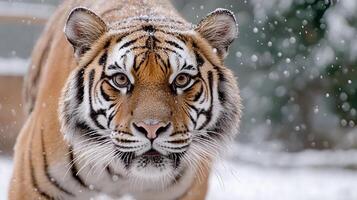 A tiger walking through the snow photo