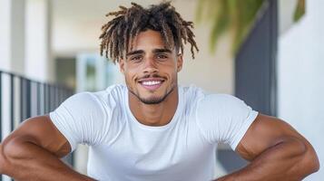 A man with dreadlocks sitting on a bench photo