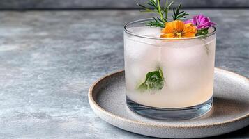 A drink with a flower in it on a plate photo