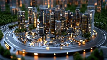 A city with a circular road and a lot of buildings photo