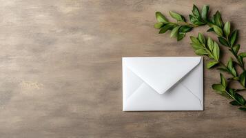White envelope with green leaves on brown background photo