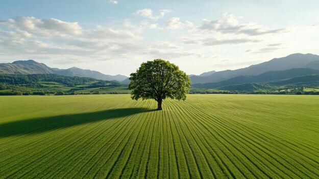 A lone tree in a green field photo