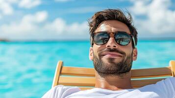 A man in sunglasses is relaxing on a chair in the ocean photo