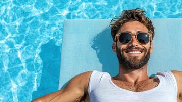A man with sunglasses and a beard laying on a sun lounger photo