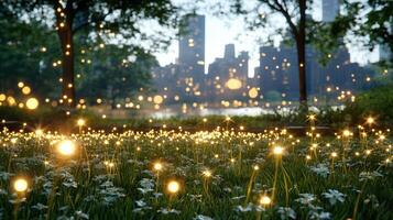 A field of flowers with lights in the background photo
