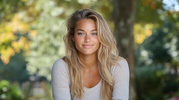 A beautiful blonde woman sitting on a bench in the park photo