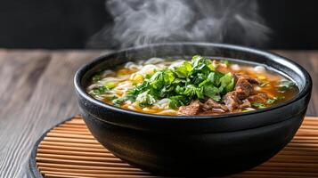 Chinese beef noodle soup with steam on a wooden table photo