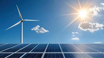 Solar panels and wind turbine on blue sky photo