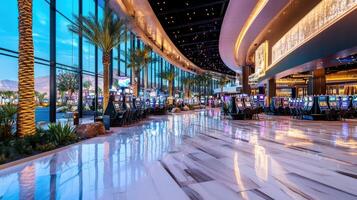 The inside of a casino with palm trees and lights photo
