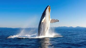 A humpback whale jumping out of the water photo