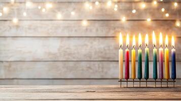 A menorah with candles on a wooden table photo