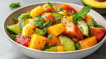 A bowl of fruit salad with cucumbers, tomatoes and mint photo