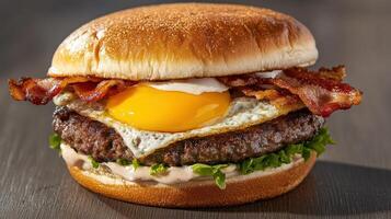 A hamburger with bacon, egg and cheese photo