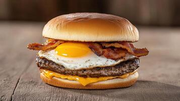 A hamburger with bacon and an egg on top photo