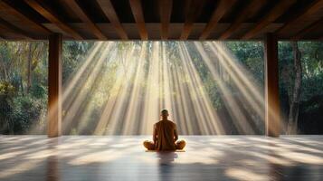 A person sitting in a meditation room with sunlight streaming through the windows photo