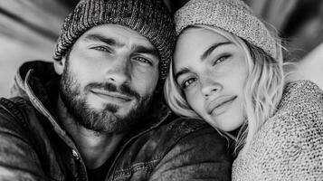 A man and woman are posing for a black and white photo
