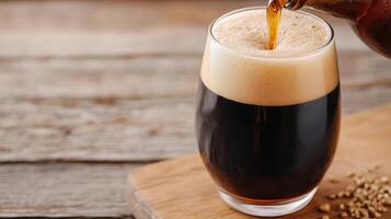 A glass of dark beer being poured into a glass photo