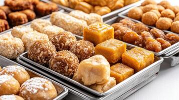 A variety of different types of pastries in metal trays photo