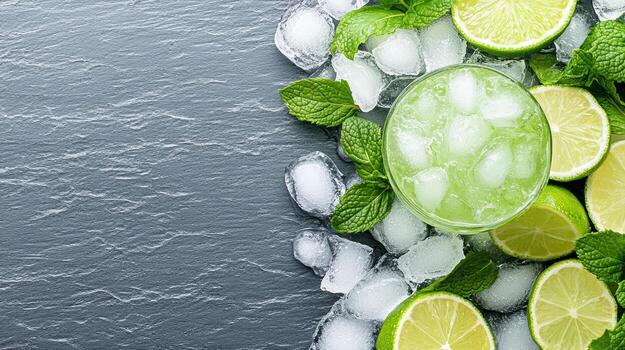 Lime, mint and ice cubes on a stone surface photo