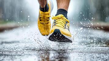 A person running in the rain with yellow shoes photo