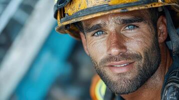 A close up of a man wearing a hard hat photo