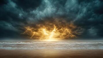 A stormy sky over the ocean with lightning coming out of it photo