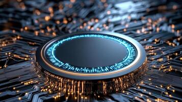 A circular button on a circuit board photo