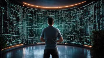A man standing in front of a computer screen photo