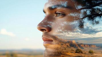 A man with a double exposure of trees and mountains photo