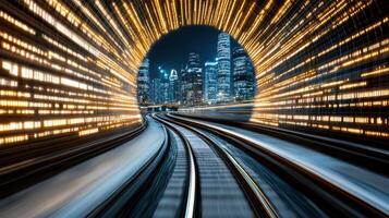 A train going through a tunnel with lights photo