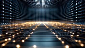 A futuristic tunnel with glowing lights photo