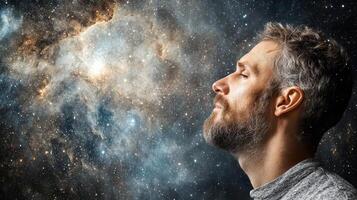A man looking up at the stars in space photo