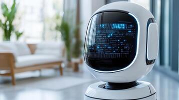A robot is sitting on a table in a room photo