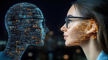 A woman and a man are looking at each other photo