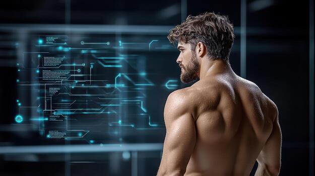 A man with no shirt on looking at a computer screen photo