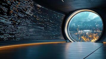 A futuristic tunnel with a large window looking out over a city photo