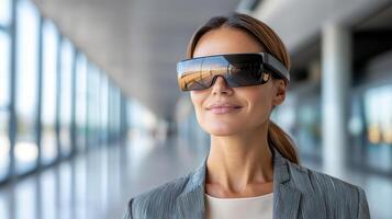 A woman wearing a headset in an airport photo