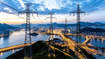 High voltage power lines over a city at dusk photo