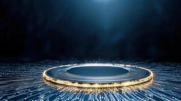 A circular object on a circuit board with a light shining on it photo