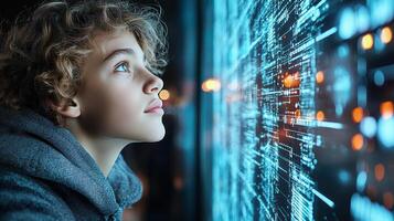 A young boy looking at a computer screen photo
