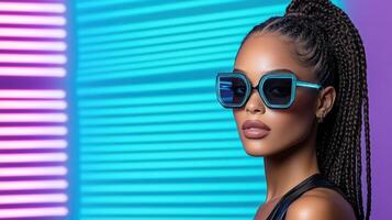 A woman with braids wearing sunglasses in front of neon lights photo