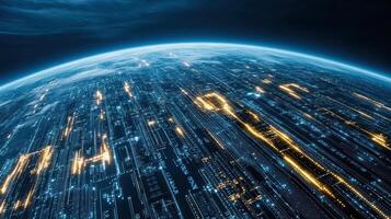 A futuristic earth with digital lines and symbols photo